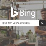 Graphic showing the Bing Search Engine logo and search bar over a photo of a local business owner.