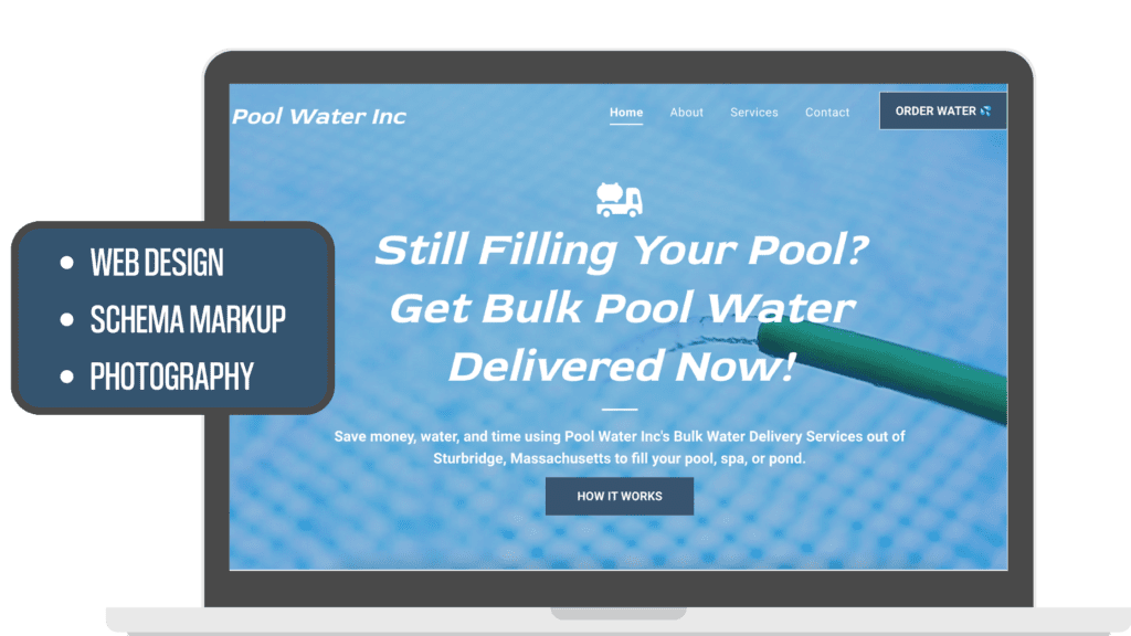 Graphic showing Pool Water Inc's website on a laptop.