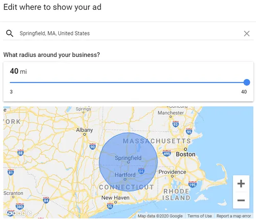 Screenshot of a local marketing advertising radius to help answer, what is local marketing.