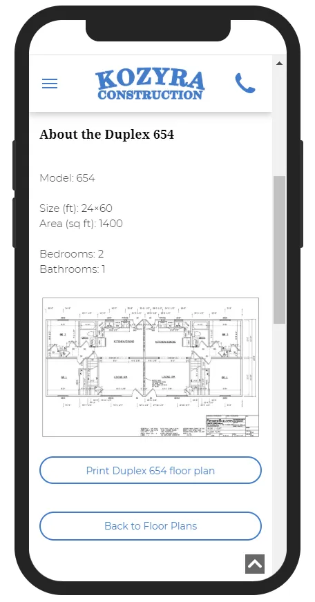 Mobile view of Kozyra Construction website.