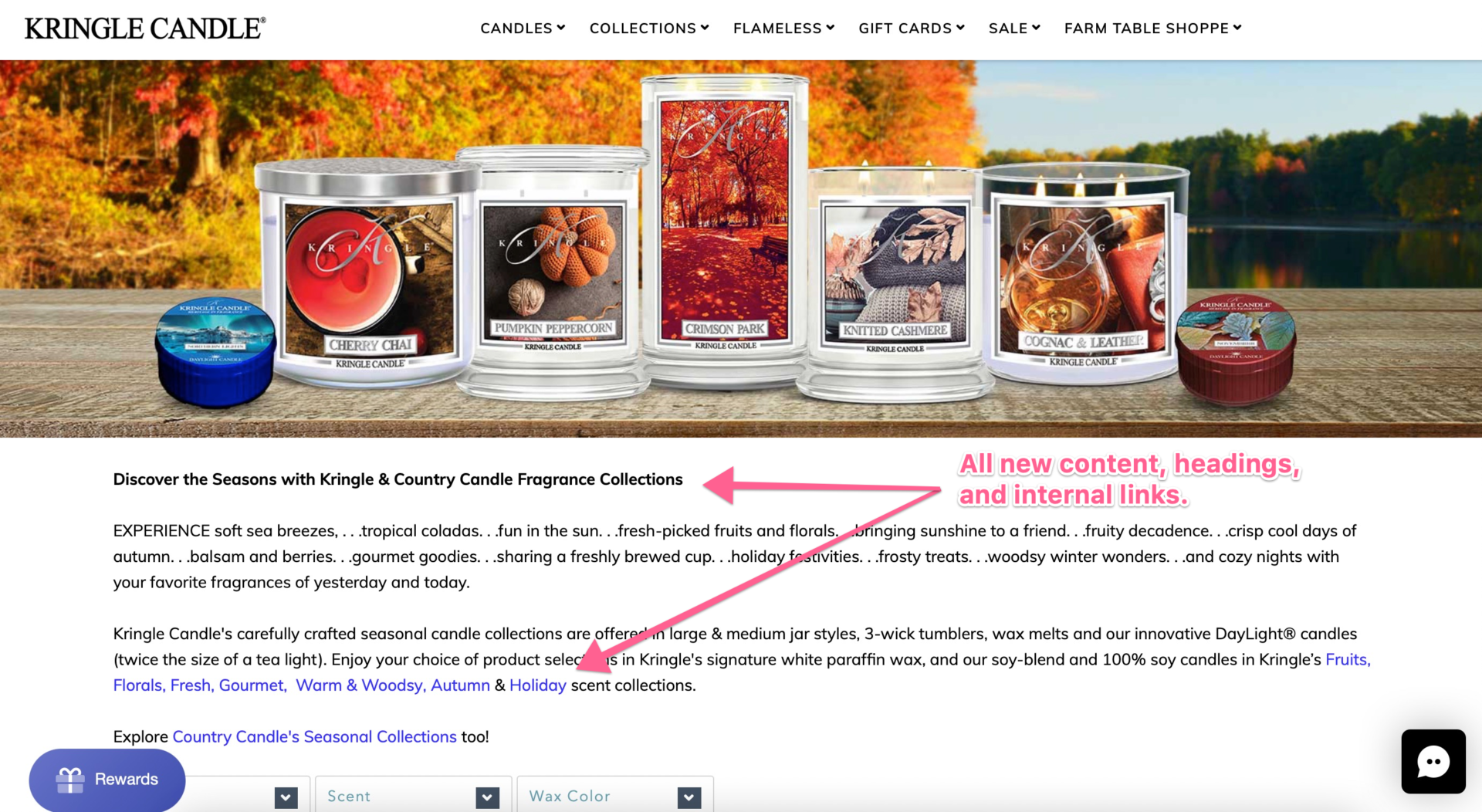 Screenshot of the changes made to Kringle Candle's collection pages.