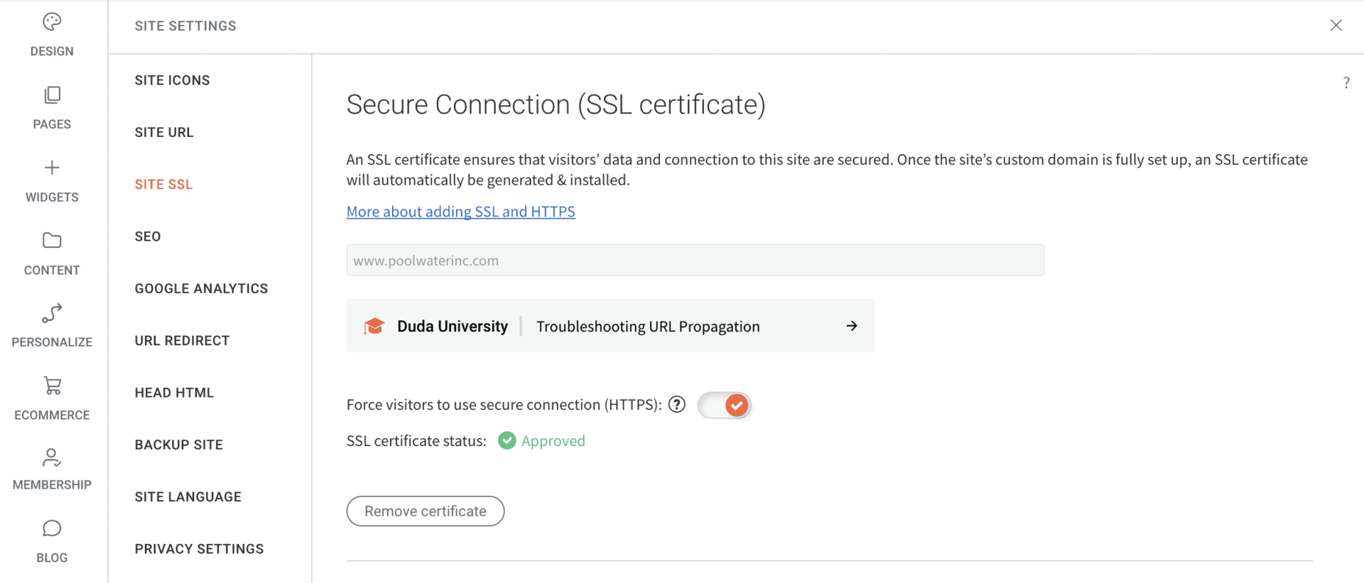 Screenshot showing the SSL settings on a Duda website.