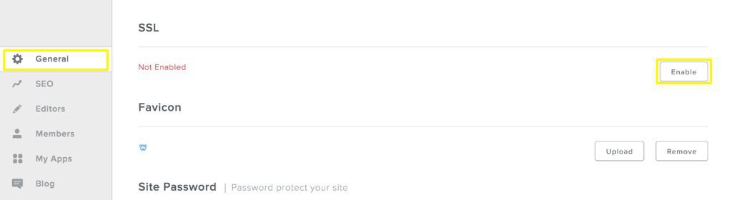 Screenshot showing SSL certificate not enabled on a Weebly website.