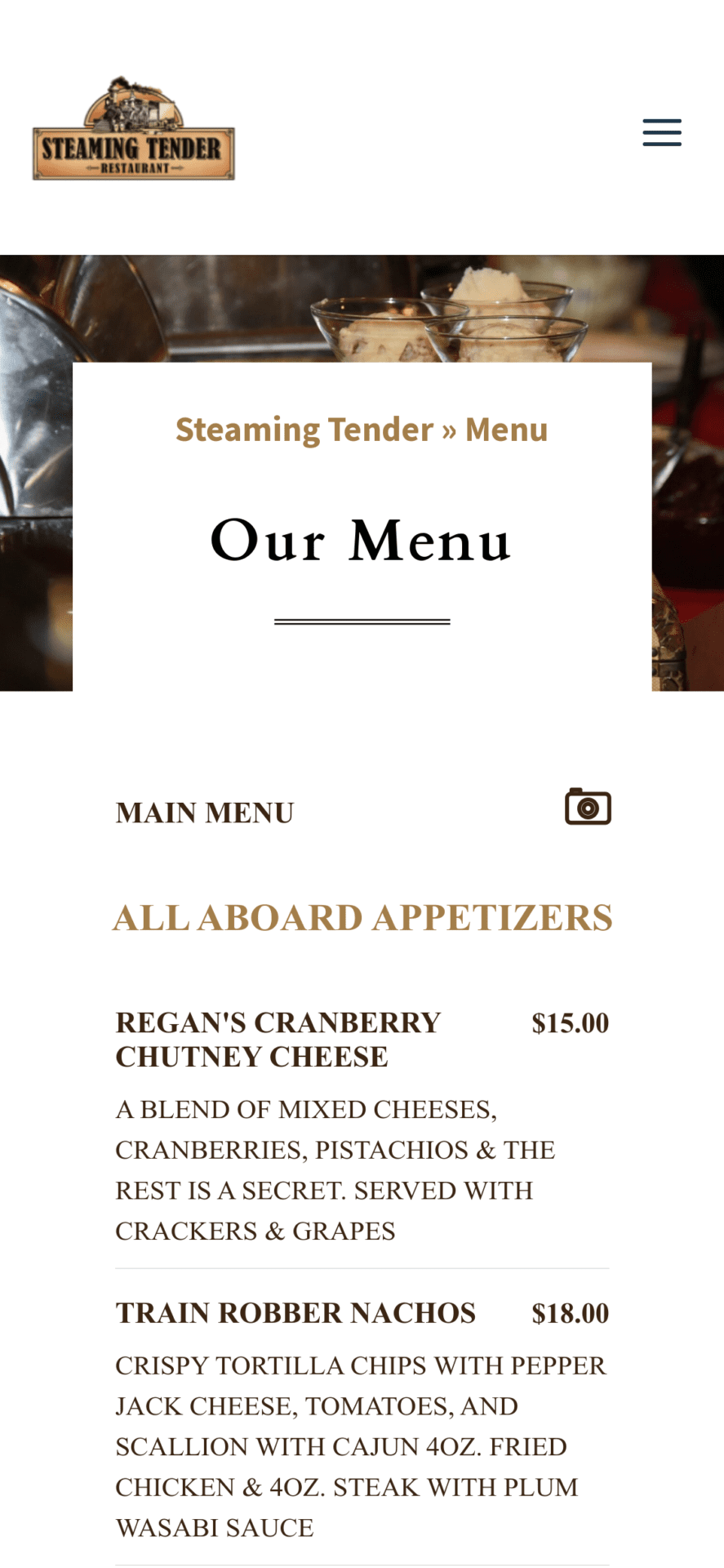 steaming-tender-mobile-menu Mobile screenshot of menu.