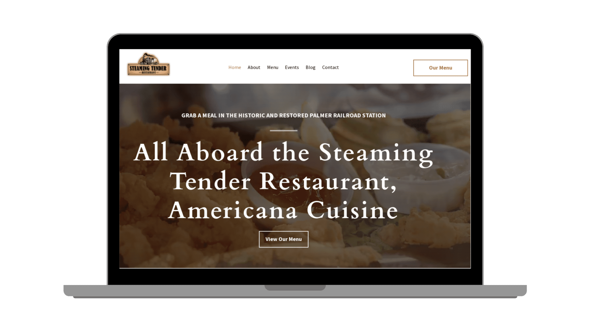Graphic showing Steaming Tender Restaurant website on a laptop.
