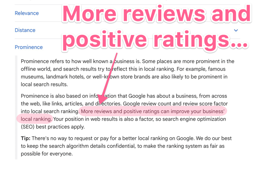 Screenshot of Google's help article on local ranking factors, specifically prominence.