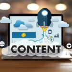 Graphic showing a laptop with a rocket ship blasting off and the words "content" underneath.