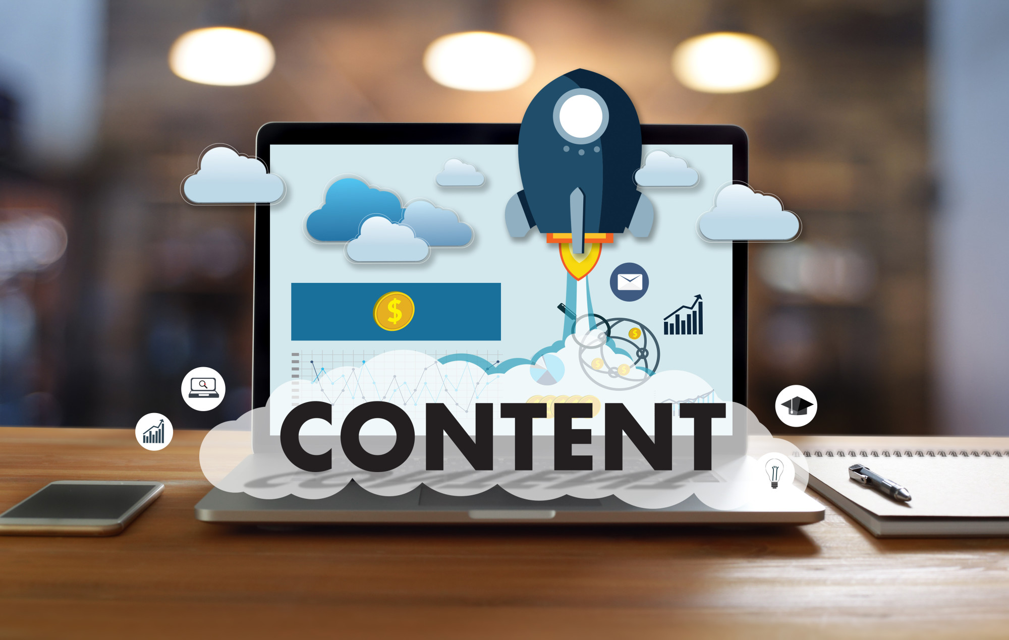 Graphic showing a laptop with a rocket ship blasting off and the words content underneath