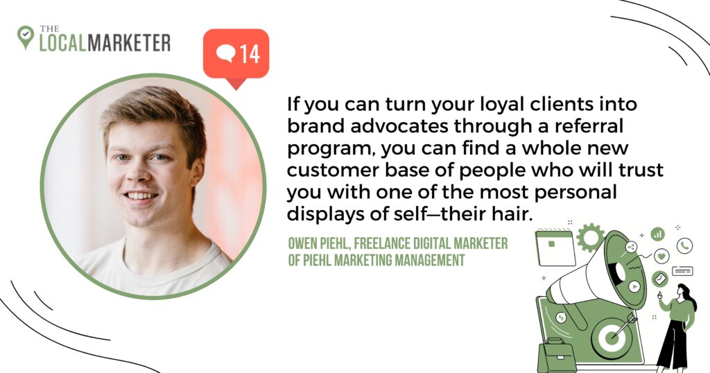 Graphic showing a quote from Owen Piehl on how to market barber shops on social media