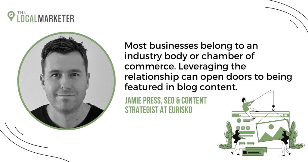Graphic showing photo of Jamie Press with a tip on how to build quality backlinks.