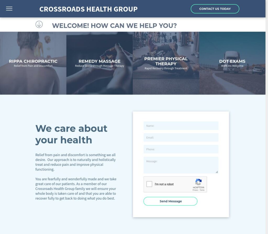 Screenshot showing web design services for health care organizations.