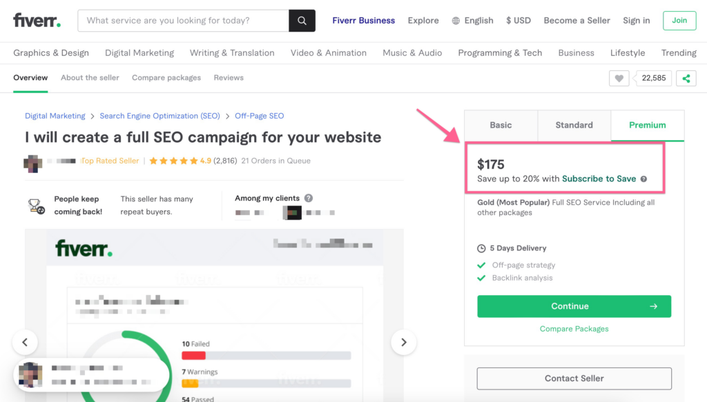 How much does SEO cost for a small business? This screenshot from Fiver shows a Premium SEO service for $175. It should cost more than that.