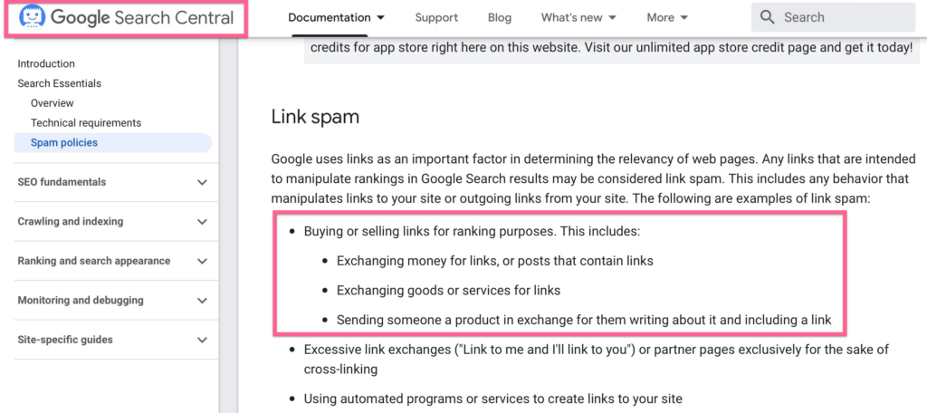 Screenshot of Google's Search Central Link spam warnings to help explain how much does seo cost for a small business.