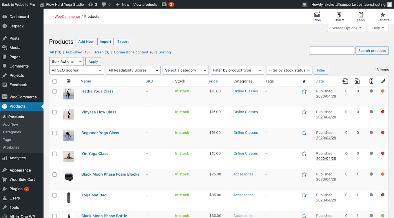 Screenshot of Woocommerce products in WordPress dashboard.