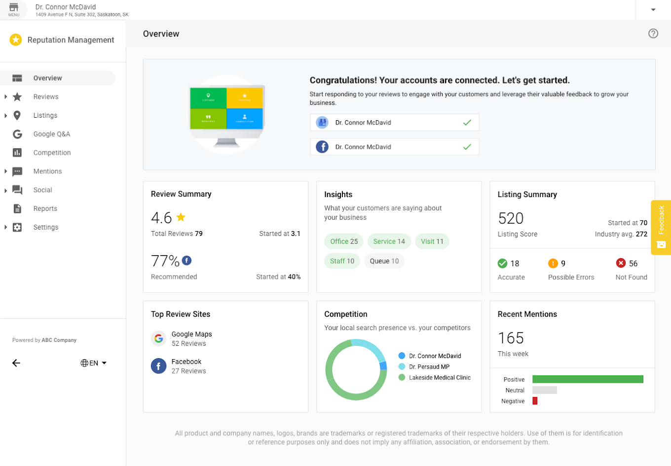 Dashboard to reputation management app.