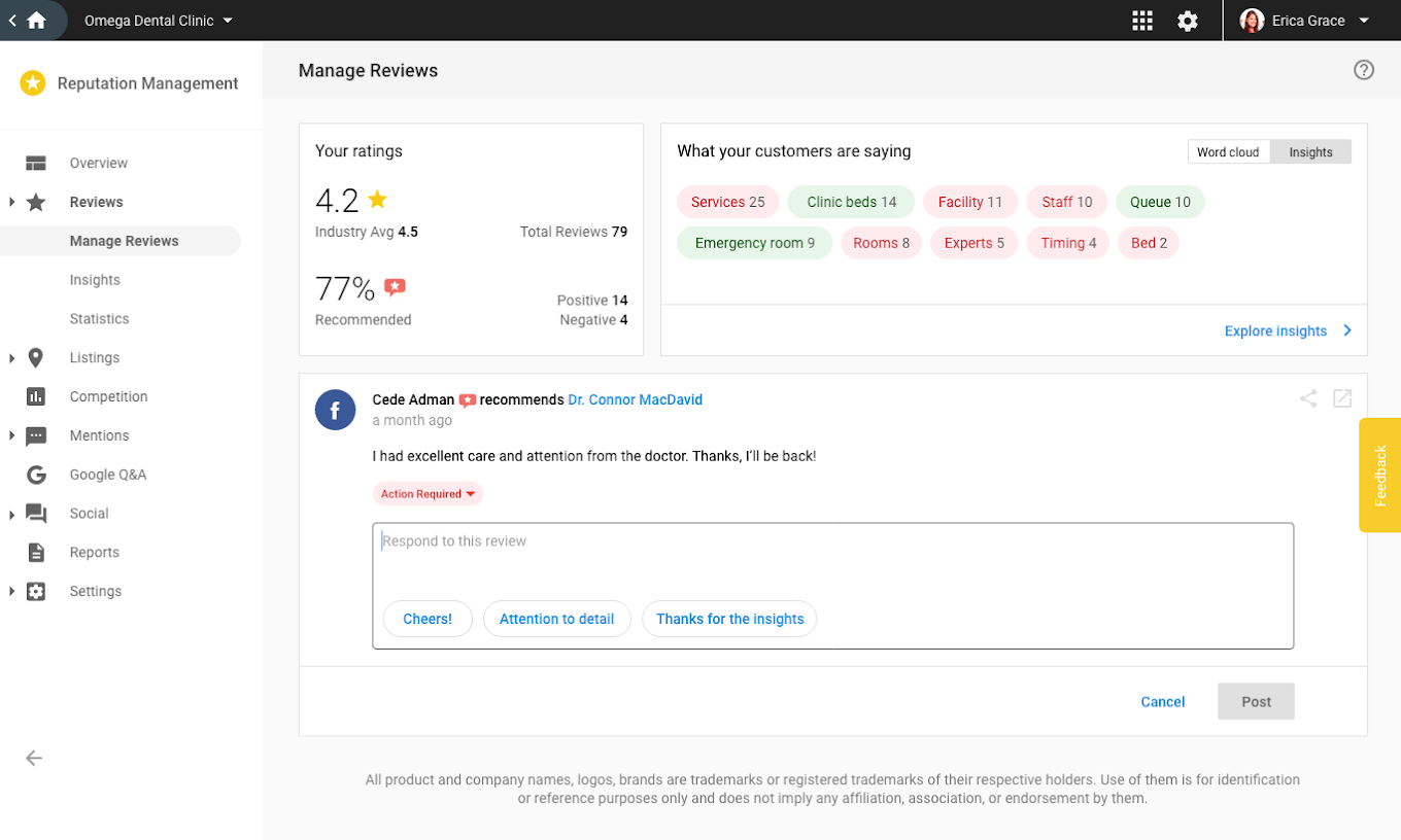 Dashboard to reputation management app.