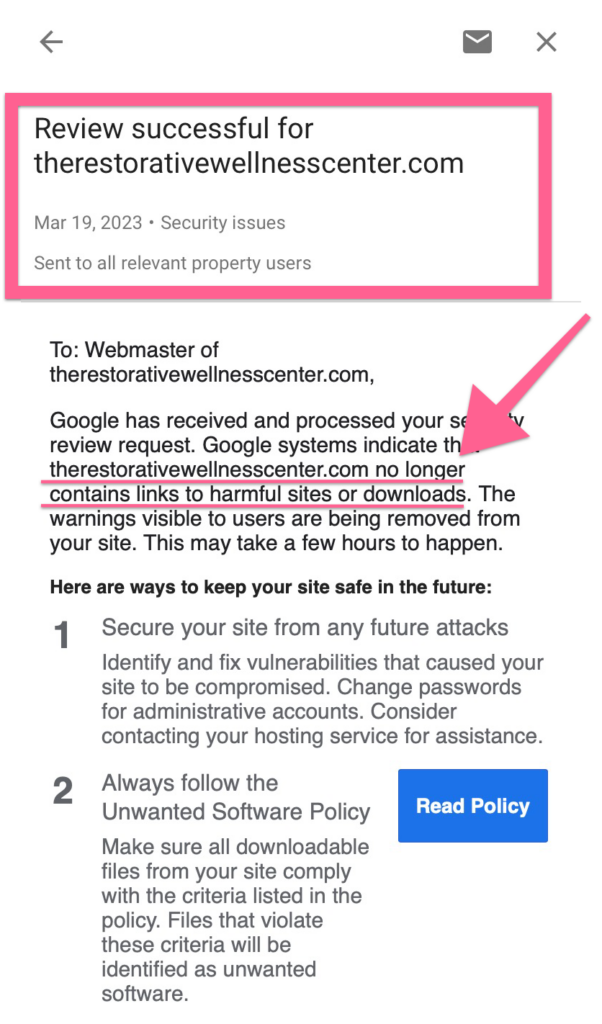 Image showing wellness center website being restored in Google Search Console.