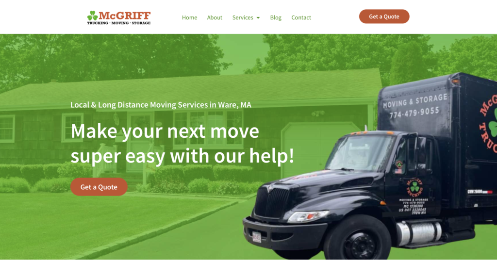 Screenshot of moving company website for marketing.