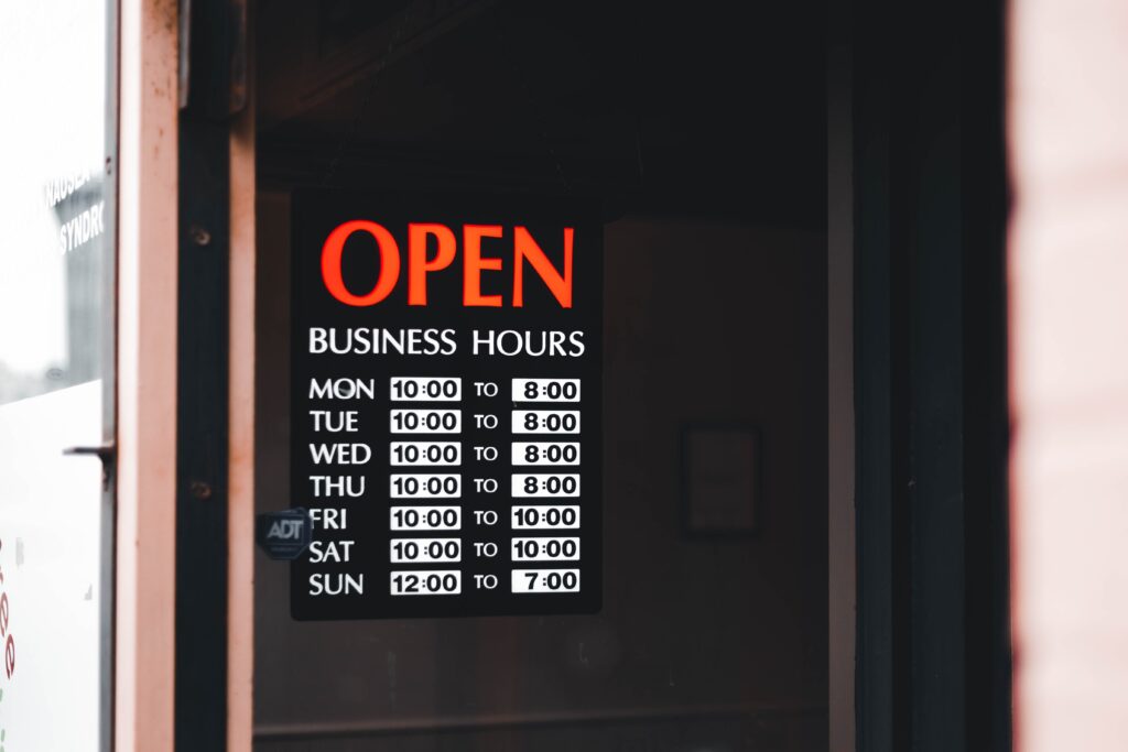 Photo by Erik Mclean: https://www.pexels.com/photo/photo-of-business-hours-signage-11251719/