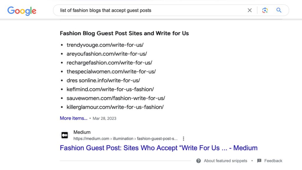 Screenshot of a Google search for guest post blogs
