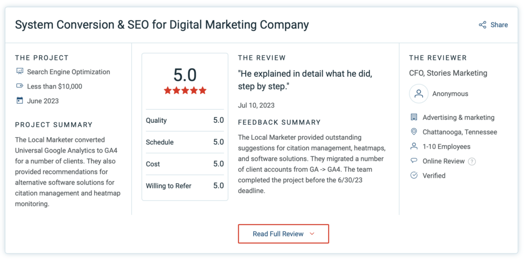 Screenshot of Clutch review of The Local Marketer.